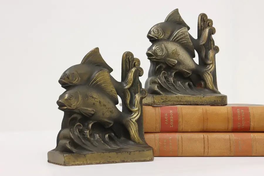 Photo of Pair of Brass Plated Antique Swimming Fish Library Bookends