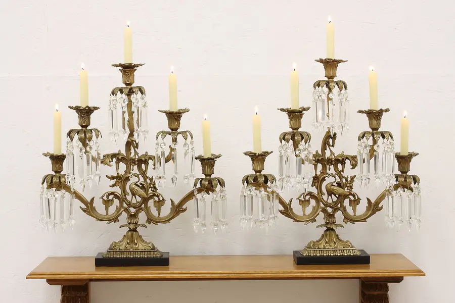 Photo of Pair French Antique Bronze, Crystal 5 Arm Candelabra, Cranes