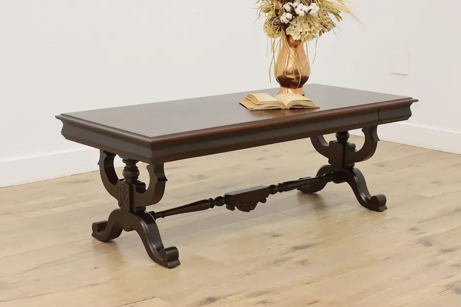 Photo of Carved Mahogany Antique Trestle Coffee Table Drawer