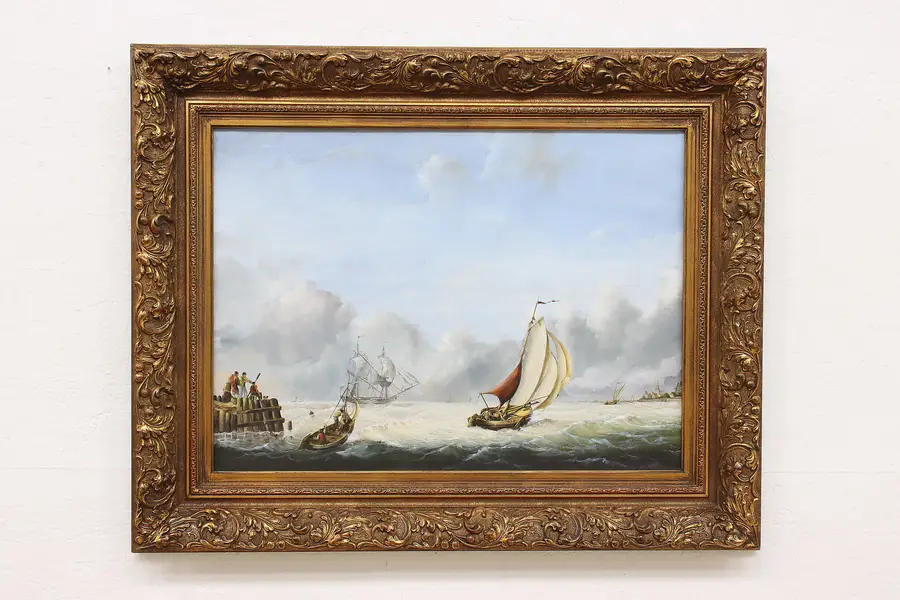 Photo of Journey Across the Ocean Antique Original Oil Painting 33.5"