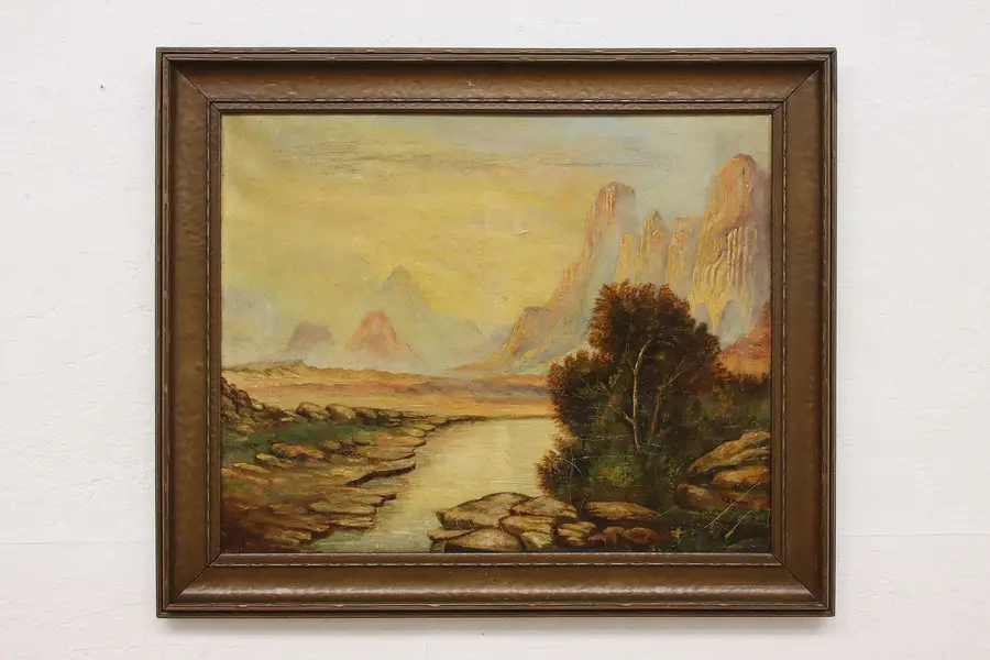 Photo of Western Canyon Antique Original Oil Painting Moore 31.5"
