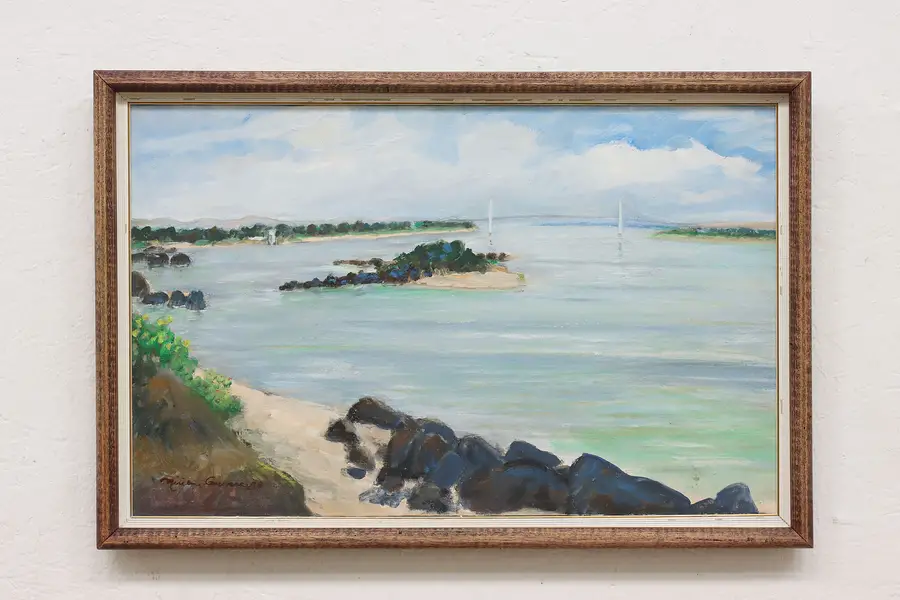 Photo of Bridge in Bay Vintage Original Oil Painting Greenmore 26"