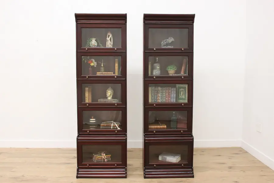 Photo of Pair of 5 Stack Vintage Mahogany Narrow Lawyer Bookcases