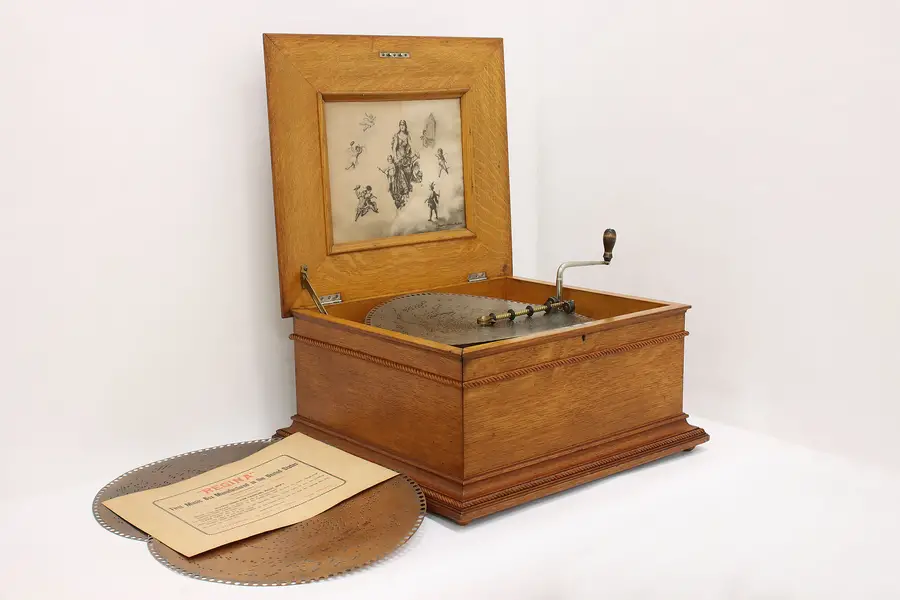 Photo of Victorian Antique Oak Regina Tabletop Music Box 15.5" Discs
