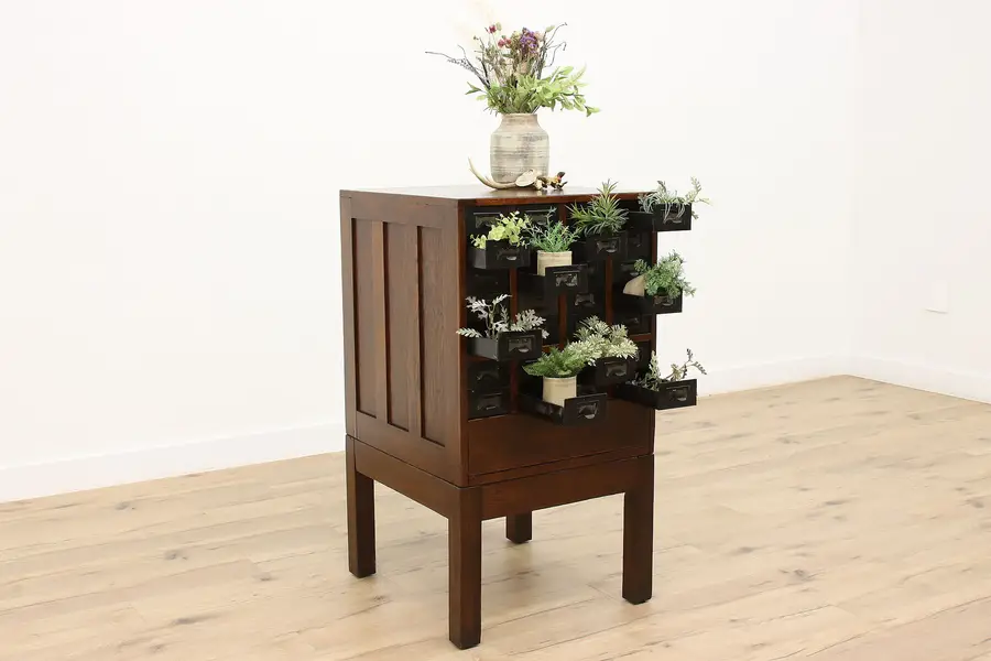 Photo of Industrial Antique Oak 28 Drawer Collector Card File Cabinet