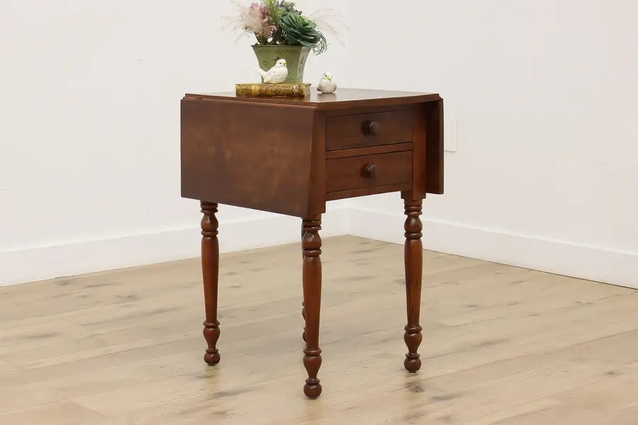 Photo of Sheraton 1840s Antique Cherry Drop Leaf Nightstand End Table