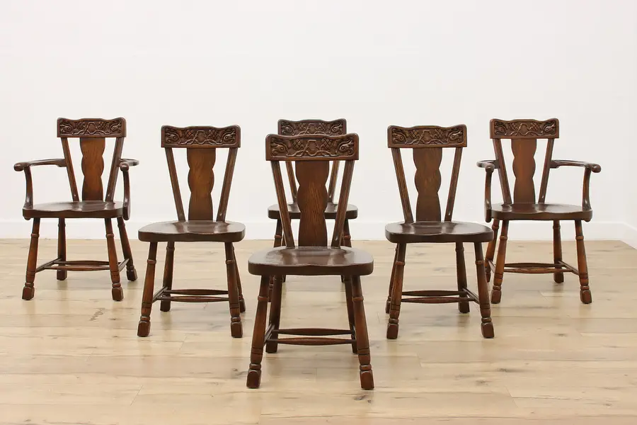 Photo of Set 6 English Tudor Antique Carved Oak Chairs Jamestown NY