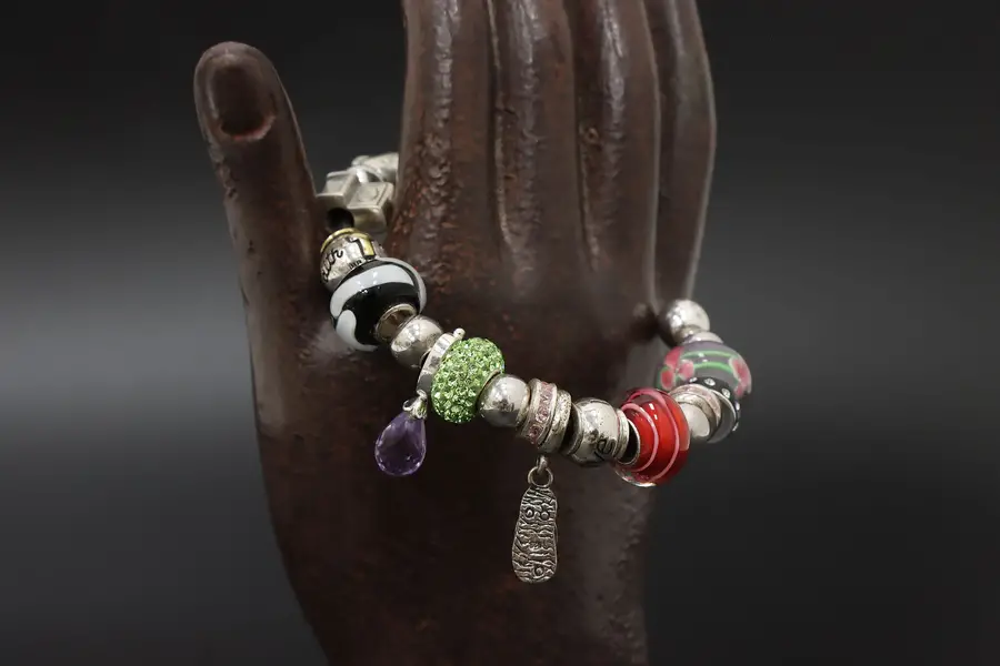 Photo of Sterling Silver Charm Glass Beads & CZ Gems Cuff Bracelet