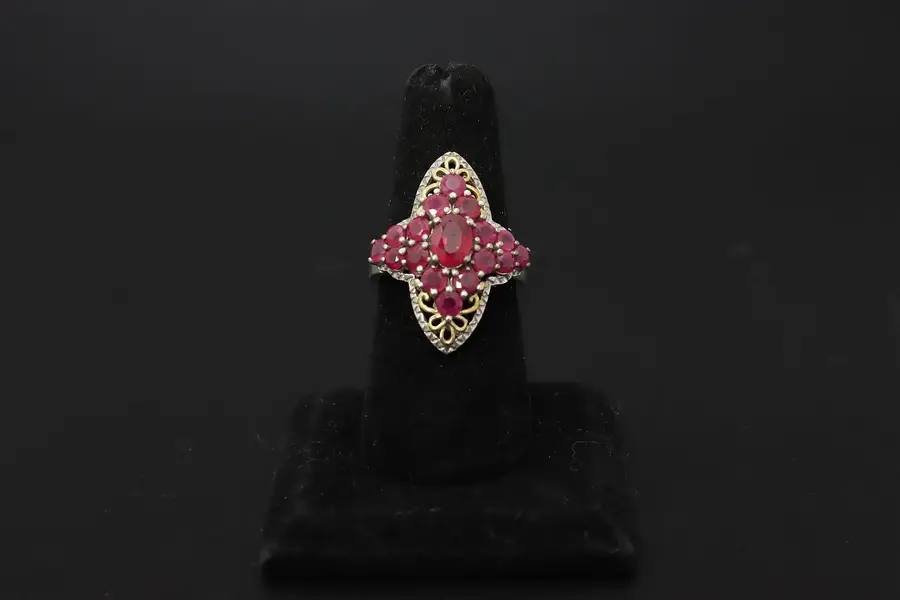 Photo of Sterling Silver Cocktail Ring w/ Rubies, Size 10.5 STS