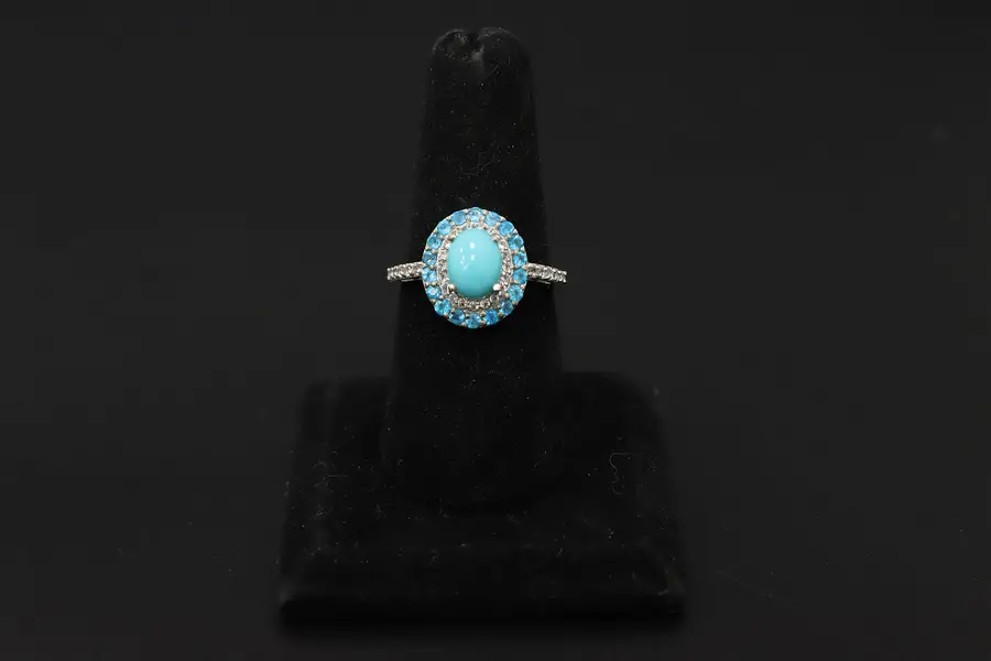 Photo of Sterling Silver Turquoise & CZ Gems Ring Size 10.5 STS