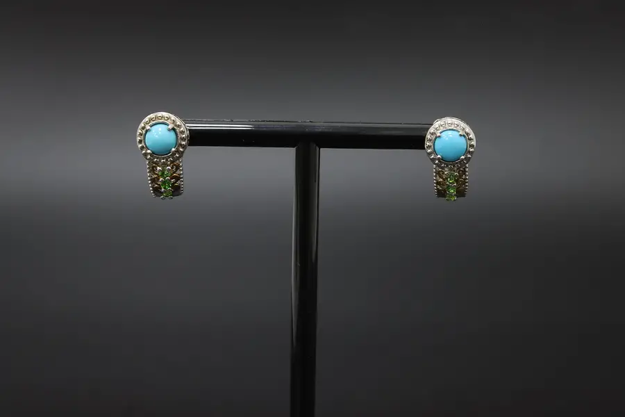 Photo of Pair of Sterling Silver Turquoise & CZ Gem Earrings STS
