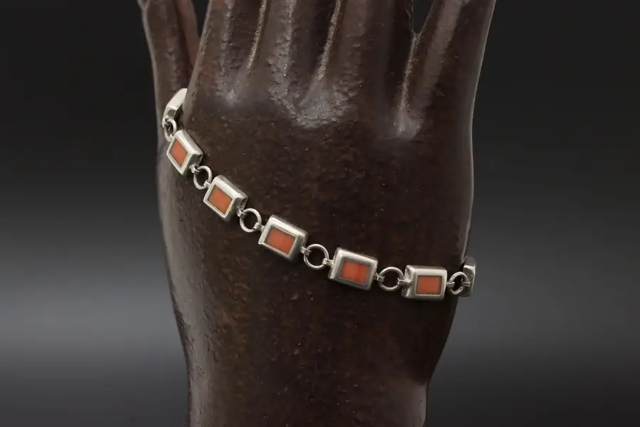 Photo of Pink Stone Inlay & Sterling Silver 7" Link Bracelet