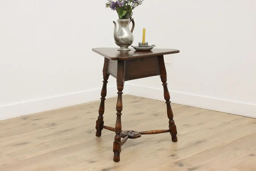 Photo of English Tudor Antique Oak Triangle Pub, End Table Jamestown