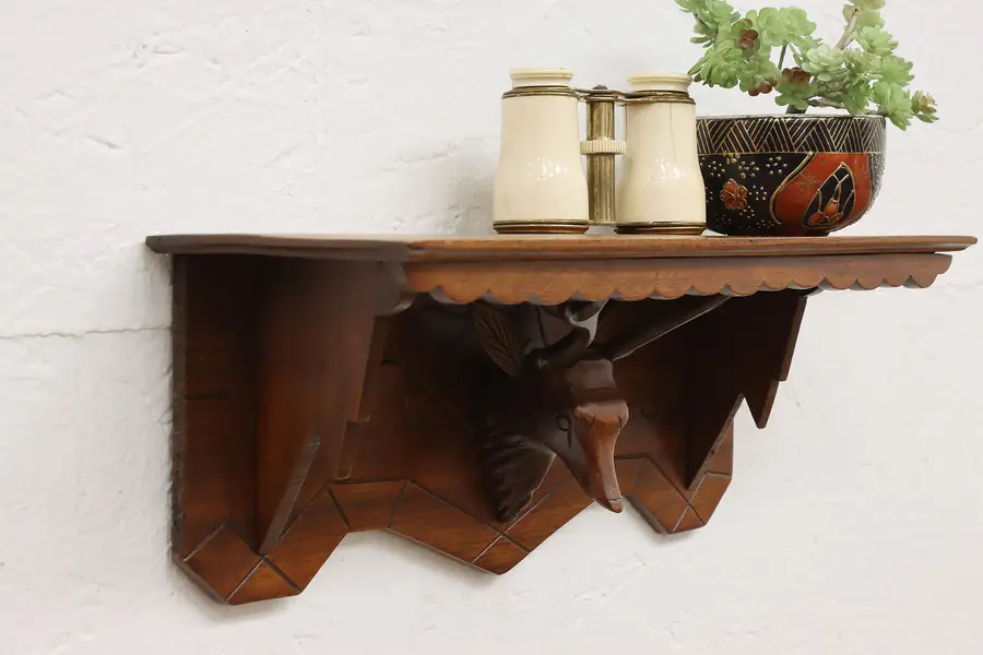 Photo of Victorian Eastlake Antique Walnut Wall Shelf, Carved Stag