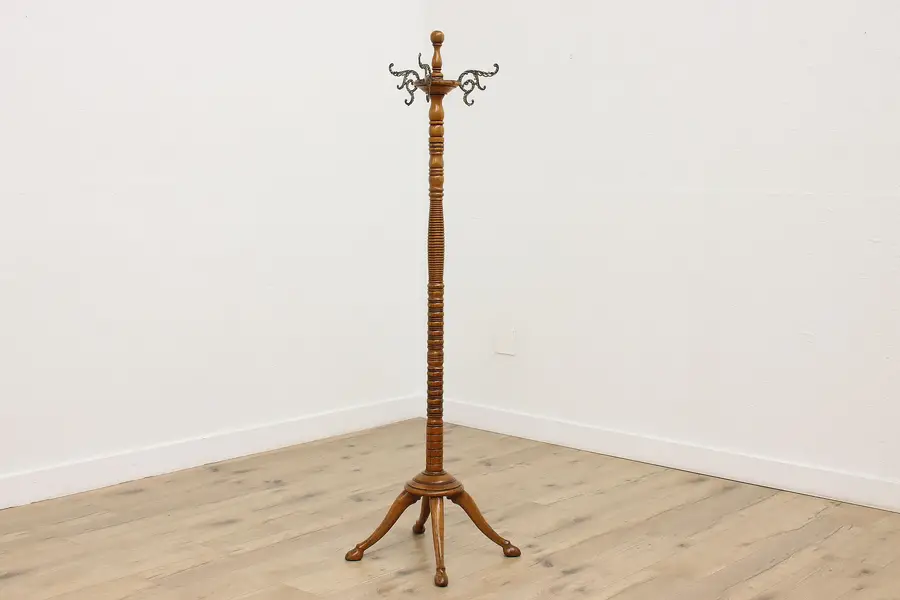 Photo of Victorian Antique Carved Oak Coat & Hat Rack Brass Hooks