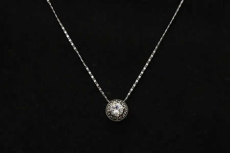 Photo of Marcasite & CZ Gemstone Pendent Sterling Silver 16" Necklace