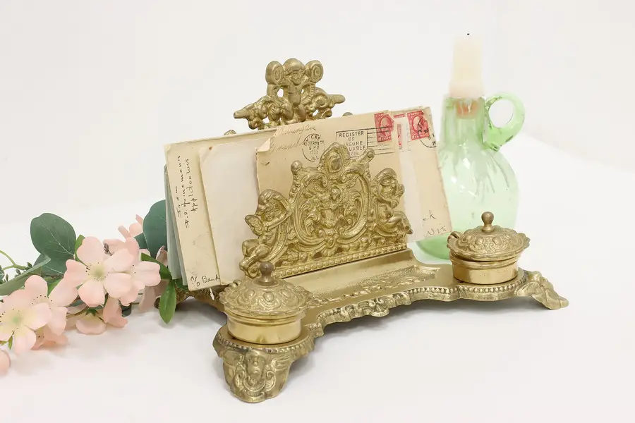 Photo of Bronze Vintage Desktop Double Inkwell Letterholder, Cherubs