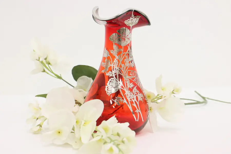 Photo of Ruby Blown Glass & Silver Antique 40th Anniversary Vase