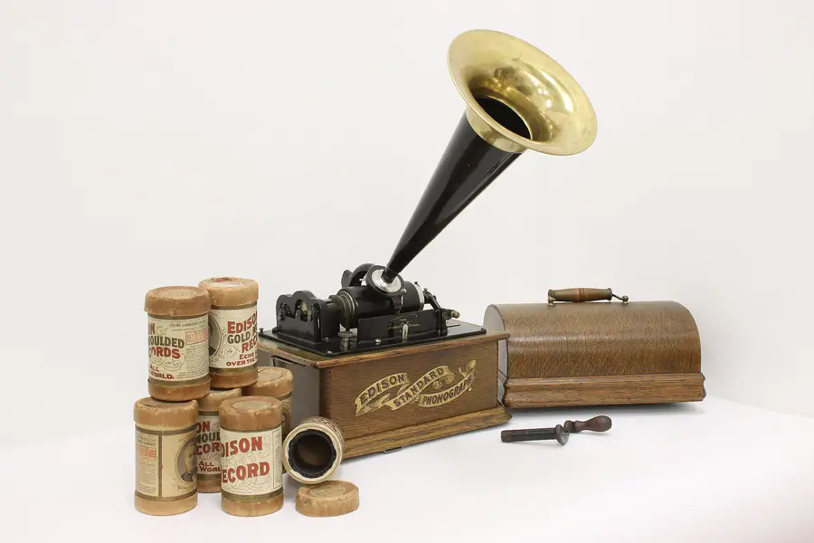 Photo of Edison Antique Oak Standard Phonograph Horn Cylinder Records