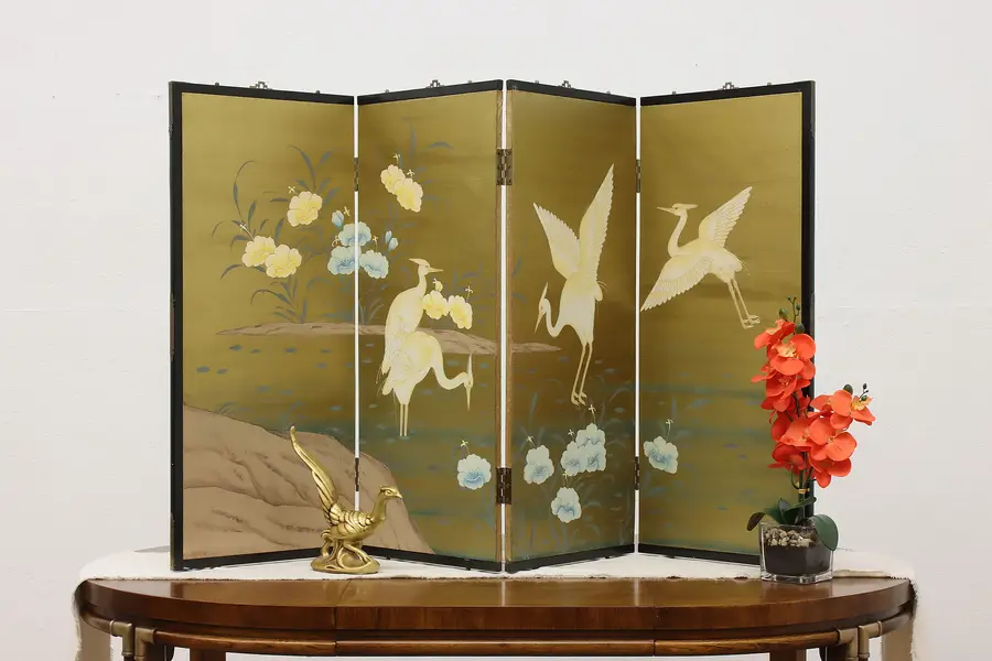 Photo of Chinese Vintage 4 Panel Folding Wall Screen Cranes 60"