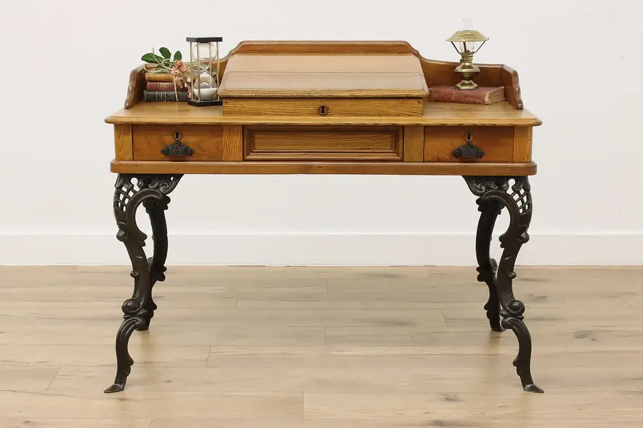 Photo of Victorian Antique Ash & Walnut Teacher Desk, Cast Iron Legs