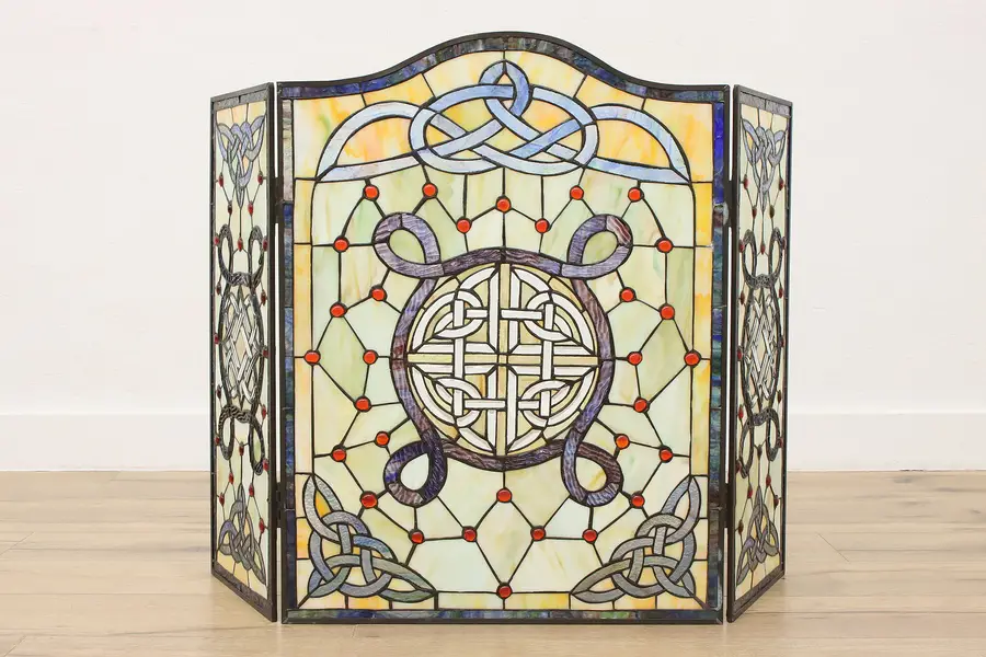 Photo of Irish Celtic Knot Stained Glass Trifold Fireplace Screen