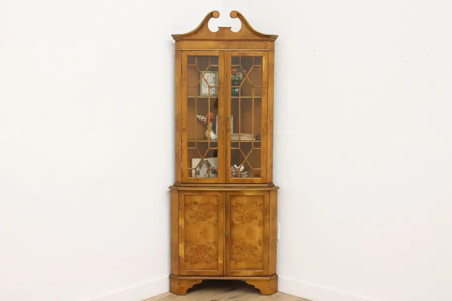 Photo of Georgian Vintage Oak & Burl Corner Cabinet Cupboard Bookcase