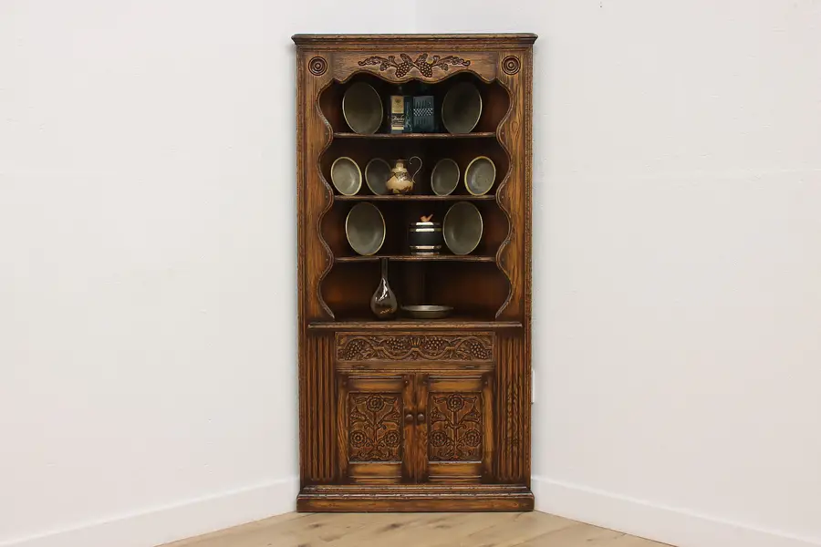 Photo of English Tudor Antique Oak Corner Cupboard Cabinet Jamestown