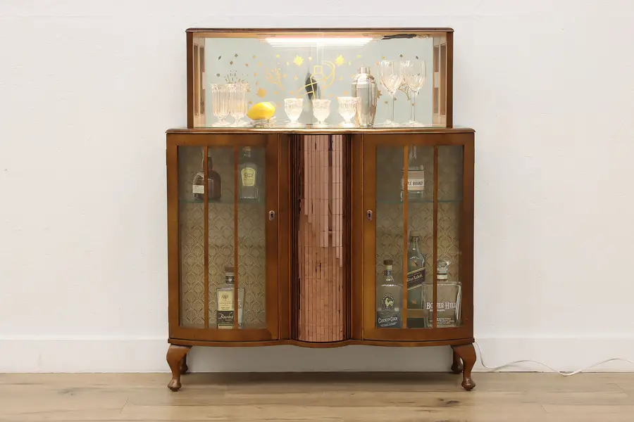 Photo of Art Deco English Antique Lit Bar Cabinet Spinning Caddy