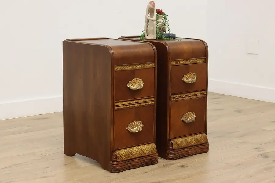 Photo of Pair Art Deco Vintage Waterfall Nightstands or End Tables