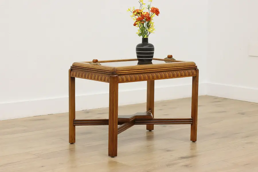 Photo of Art Deco Vintage Birch Coffee Table Glass Serving Tray