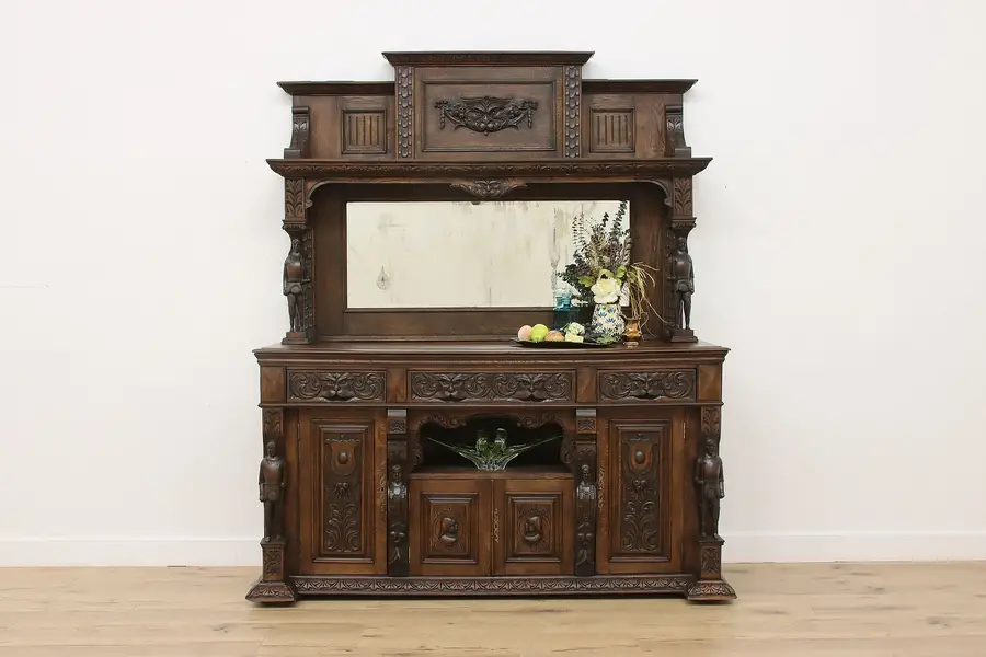 Photo of Renaissance Antique Oak Sideboard Back Bar Carved Knights