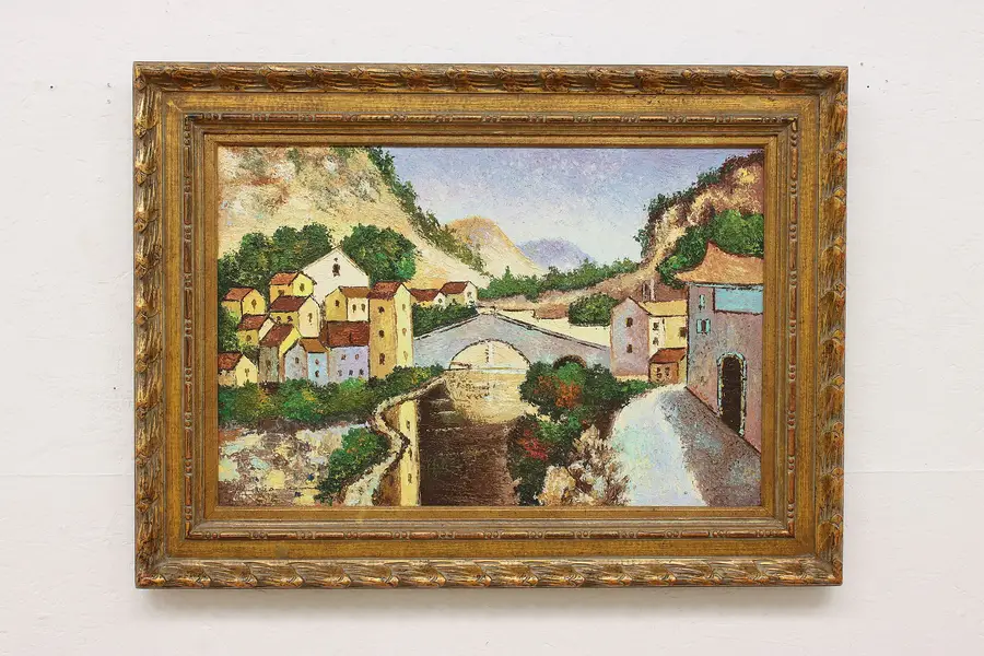 Photo of River Town in the Mountains Original Oil Painting 38.5"