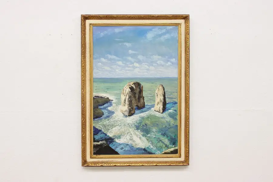 Photo of Rocky Ocean Shore Original Vintage Painting 42" Francesco