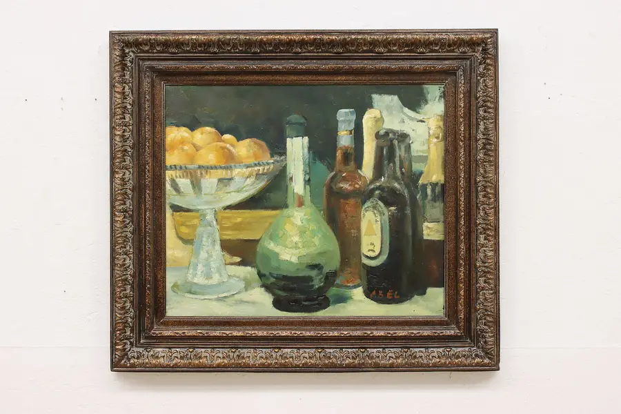 Photo of Still Life Fruit, Bottles Original Vintage Painting Abel 33"