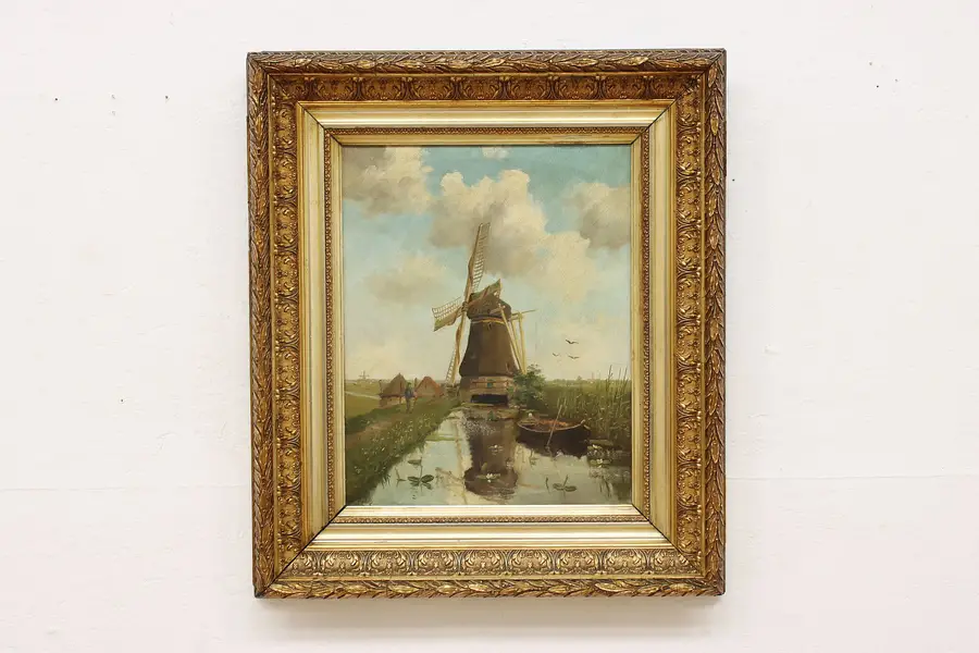 Photo of Dutch Windmill Antique Original Oil Painting Roelofs 29"
