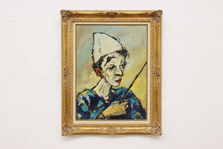 Photo of Harlequin or Clown Original Oil Vintage Painting Catton 31"