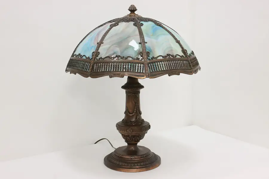 Photo of Stained Glass Curved Panel Filigree Shade Antique Lamp