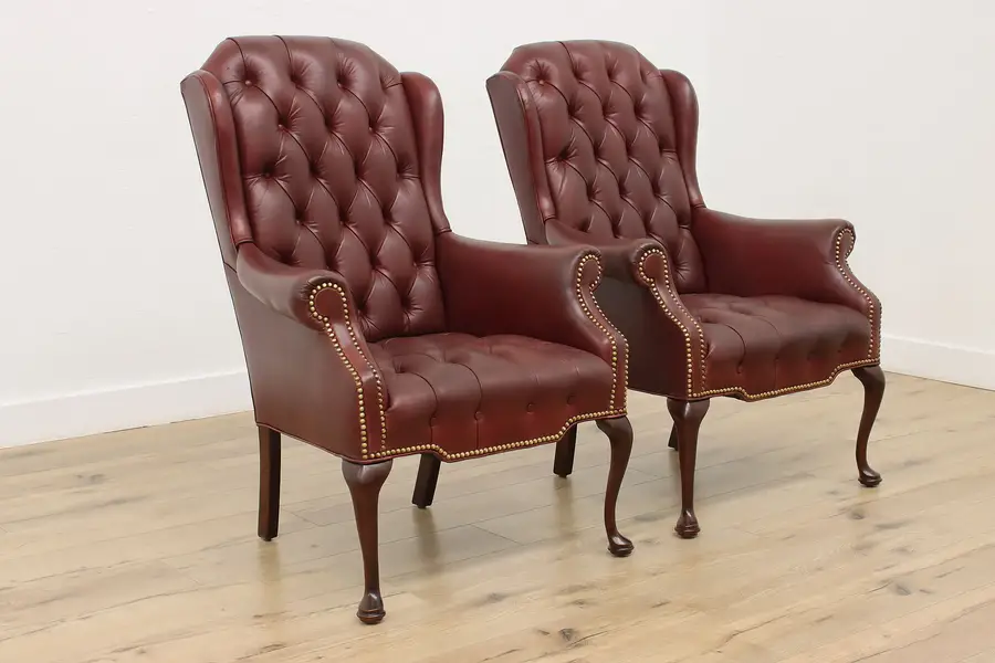 Photo of Pair Tufted Wingback Office Library Chairs, Leathercraft