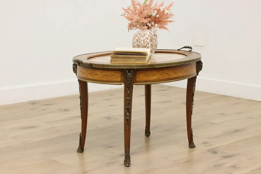 Photo of French Marble, Marquetry & Bronze Antique Oval Coffee Table