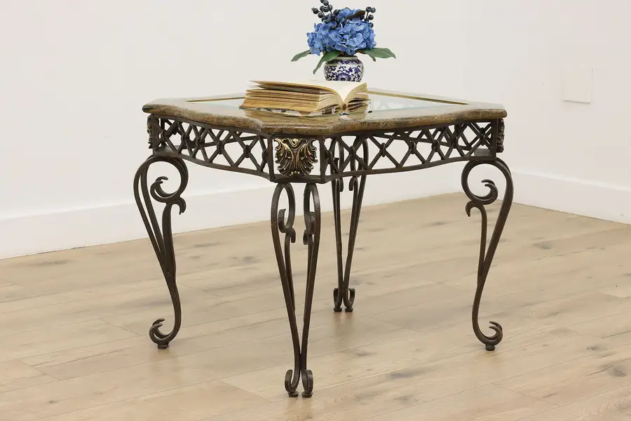 Photo of Mosaic Marble & Wrought Iron Vintage Coffee or Lamp Table