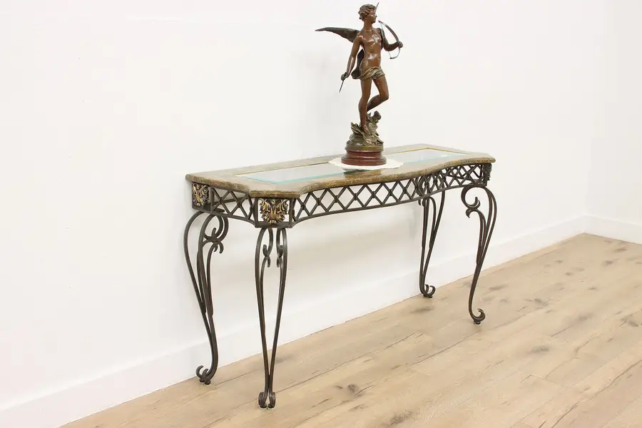 Photo of Mosaic Marble & Wrought Iron Hall Console or Sofa Table