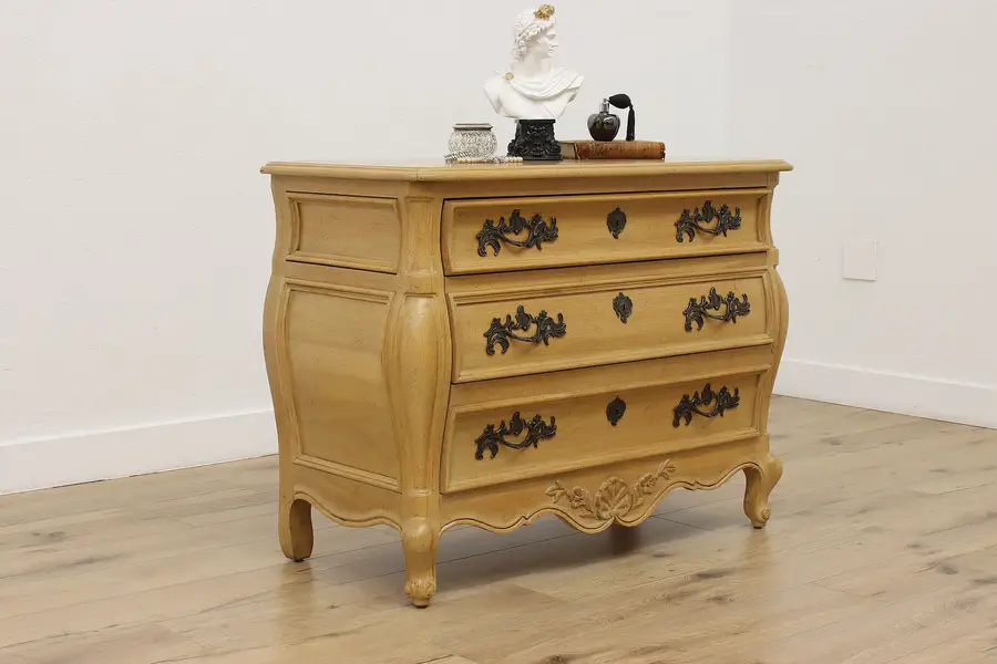 Photo of Bombe Pickled Oak Vintage Country French Chest or Dresser