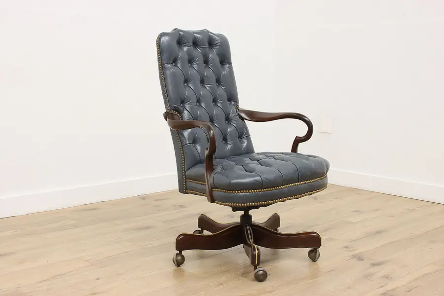Photo of Tufted Leather Swivel Adjustable Vintage Desk Chair, Hickory