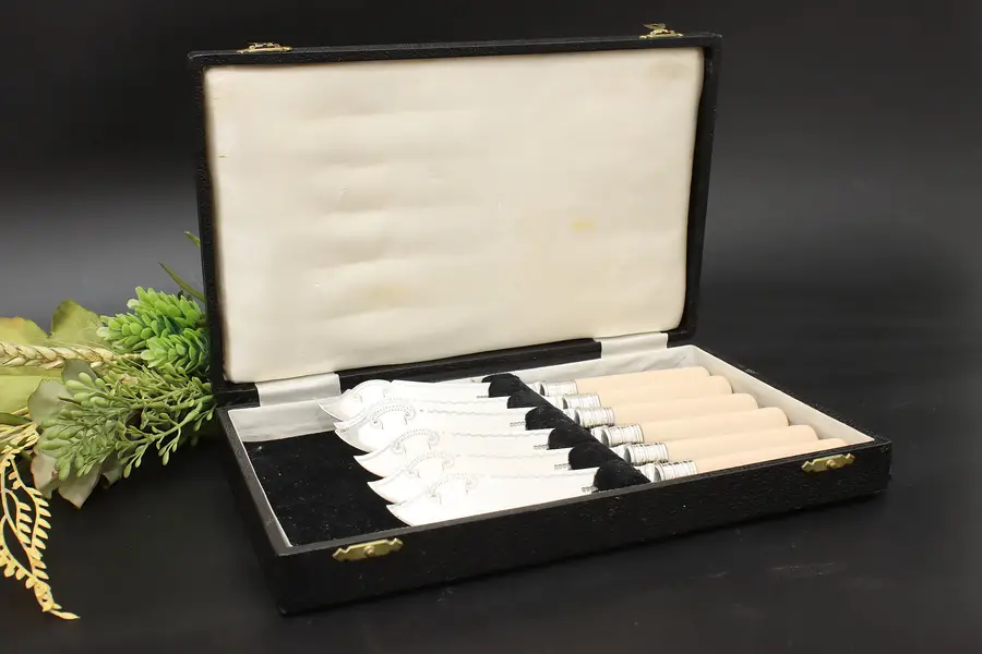 Photo of Set of 6 Vintage English Silverplate & Bakelite Knives, Case