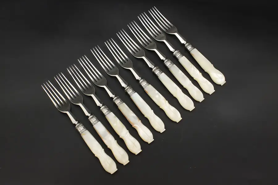 Photo of Set 10 Victorian Antique Mother of Pearl & Silverplate Forks