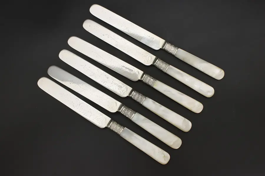 Photo of Set of 6 Antique Mother of Pearl Engraved Silverplate Knives