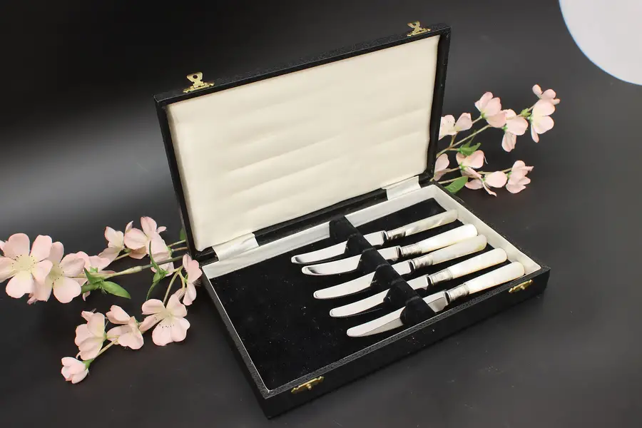 Photo of Set of 5 Antique Sterling & Pearl Cheese Fruit Knives, Case