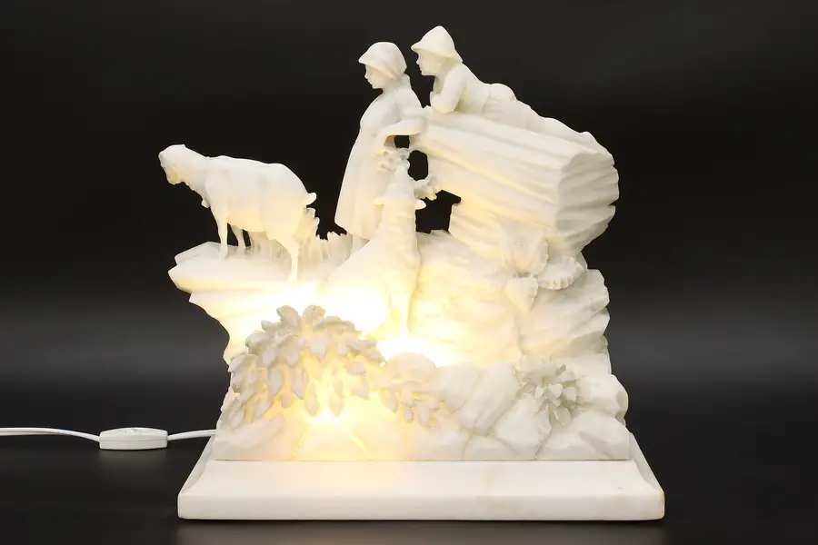 Photo of Italian Antique Carved Alabaster Shepherd & Sheep Lamp Rossi