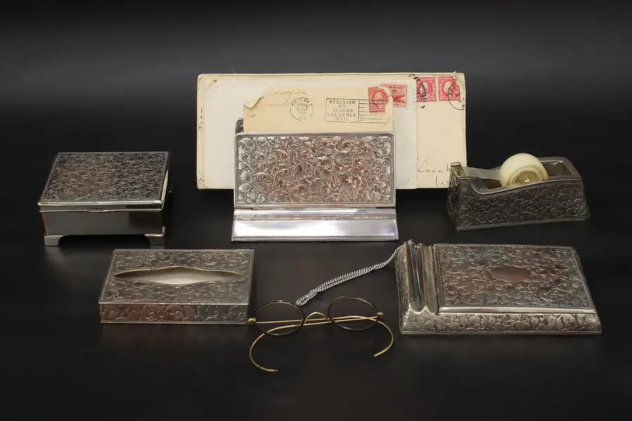 Photo of Midcentury Modern Vintage Silverplate 5 Pc Desk Set, Delli